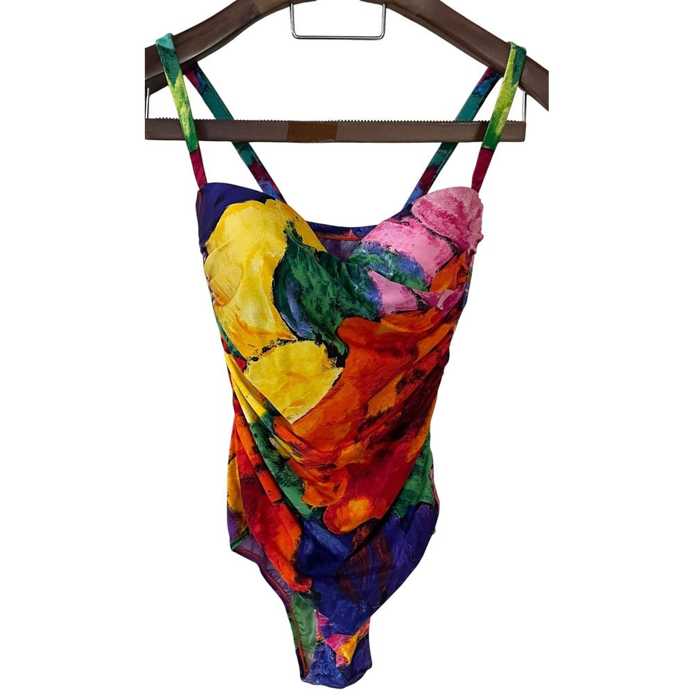 Vtg‎ Gottex Abstract Floral Watercolor One Piece Swimsuit 90s 80s Retro Beach 12